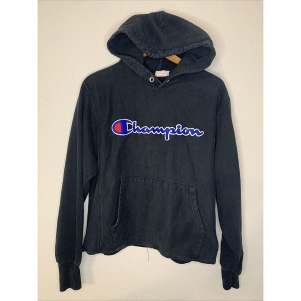 Champion Reverse Weave Hoodie Sweatshirt Medium Black‎ Logo CROPPED